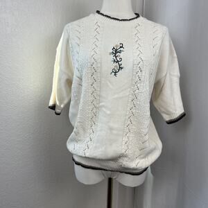 VTG Knit Embroidered Sweater Womens M/L Cream‎ Floral Grandma Cottagecore 90s